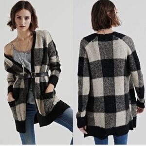 Lucky Brand Black and Cream Buffalo Plaid Open Cardigan Sz.S NWT
